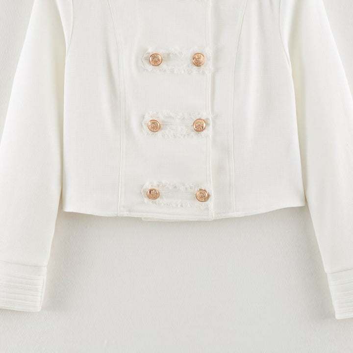 Ladies Short Cut Military Inspired Jacket with Stand-Up Collar and Decorative Button Placket Amarae