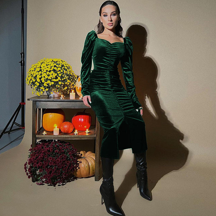 Ladies Elegant Long Sleeve Dress with Ruching and Pretty Square Neckline Lune London