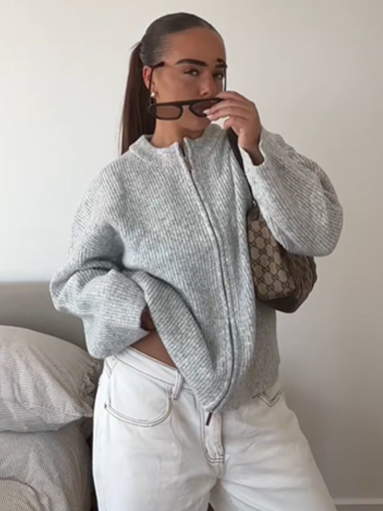 Women's Chunky Knit Zipper Cardigan with Oversized Cut Amarae