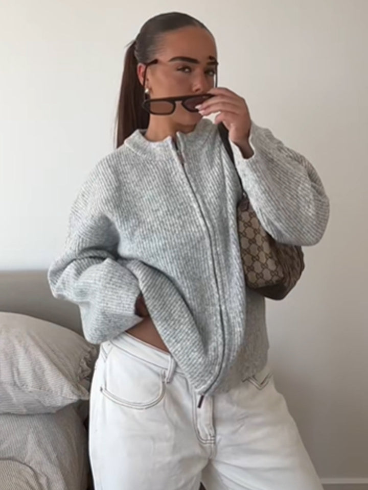Women's Chunky Knit Zipper Cardigan with Oversized Cut Amarae
