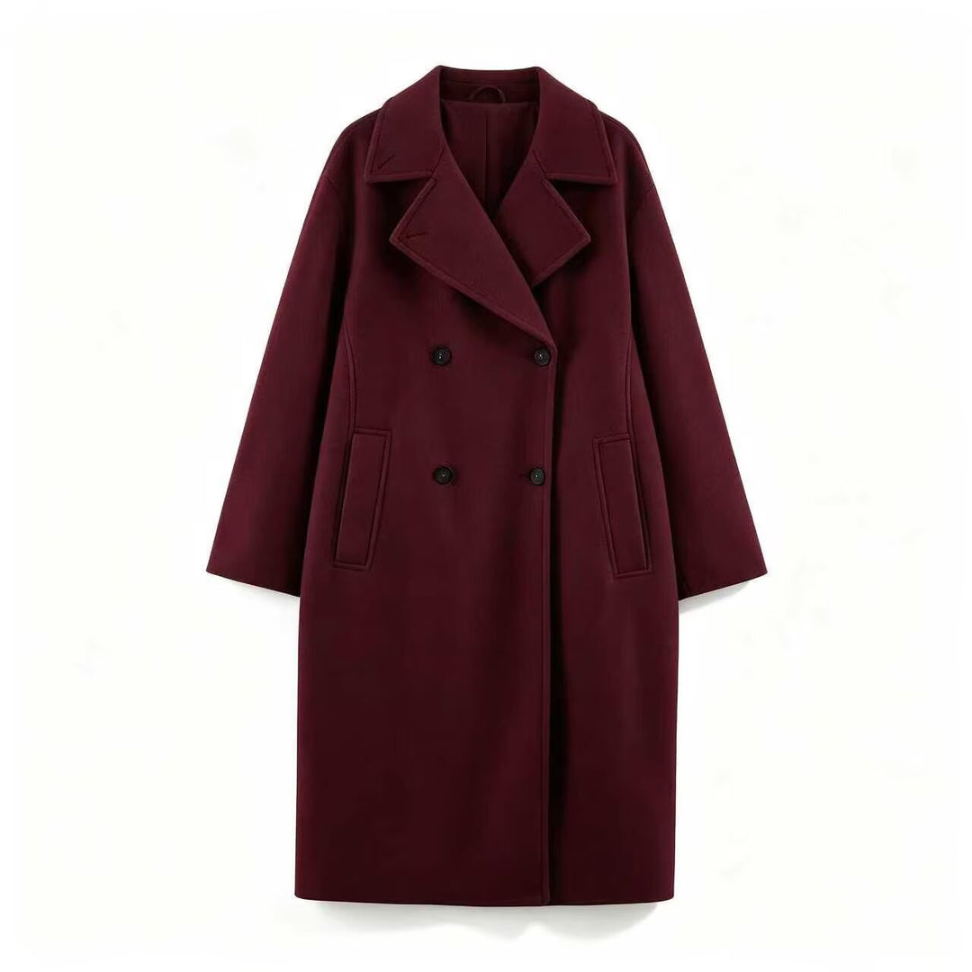 Women Mid-Length Wool Blend Double-Breasted Coat with Wide Lapels and Side Pockets Amarae