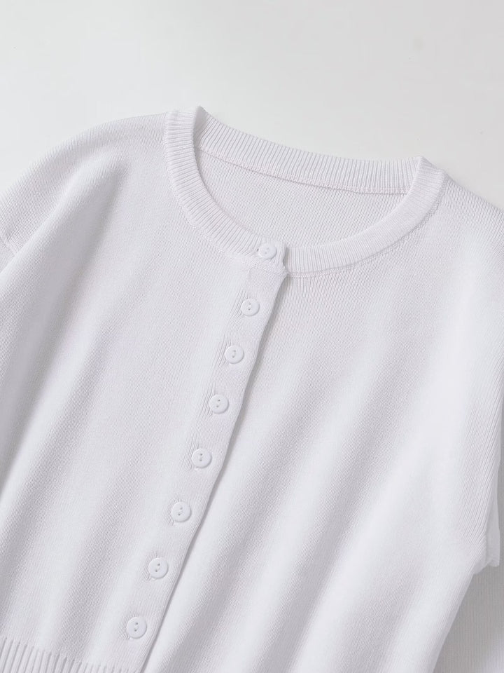Women's Short Fine Knit Cardigan with Tailored Ribbed Waistband and Continuous Button Placket Amarae