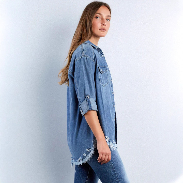 Women's denim blouse with heart appliqué and fringed hem Lune London