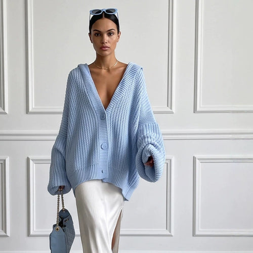Women's Oversized Hooded Knit Cardigan with Balloon Sleeves and Button Placket Amarae