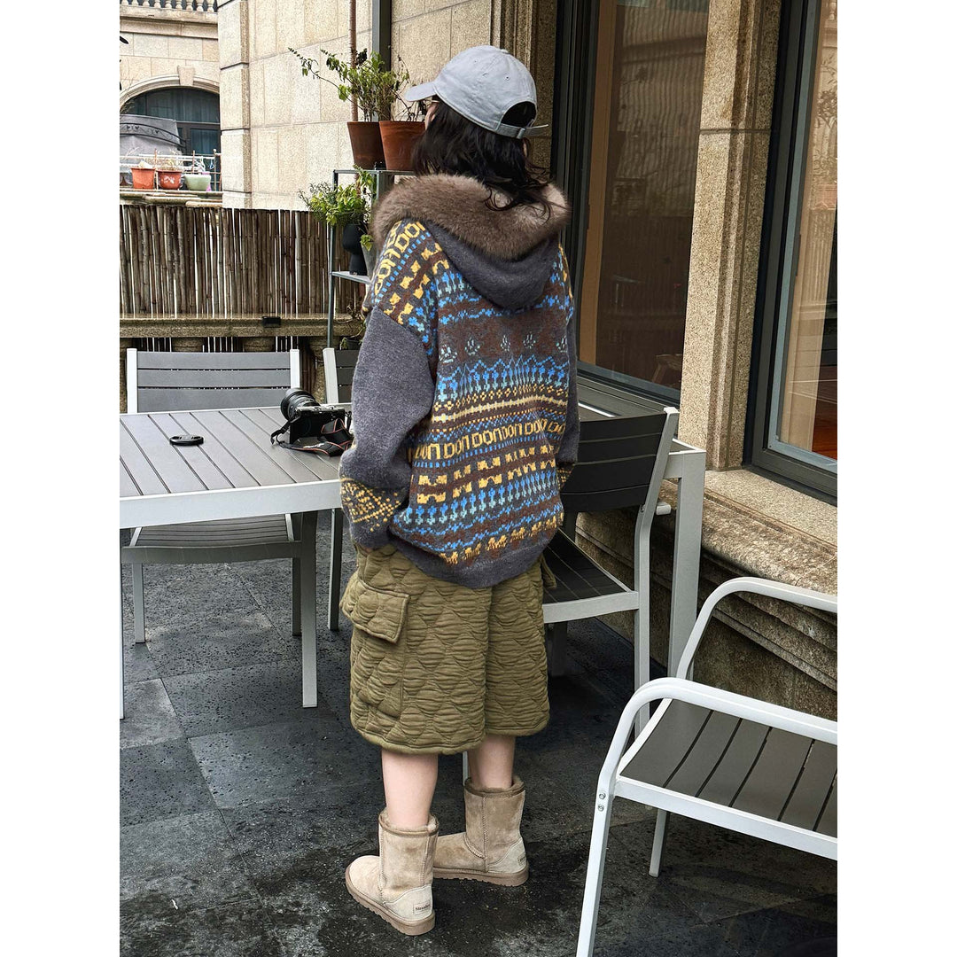 Women's patterned cardigan with faux fur hood and zipper Amarae
