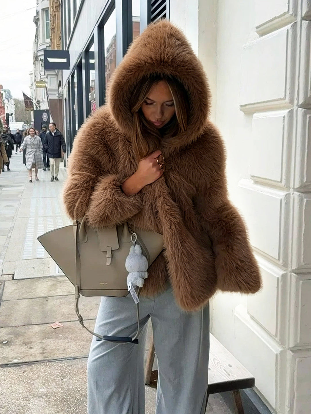 Women's Hooded Faux Fur Short Jacket with Dense Long Pile and Oversize Silhouette Amarae