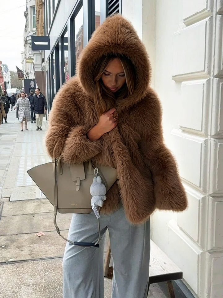 Women's Hooded Faux Fur Short Jacket with Dense Long Pile and Oversize Silhouette Amarae