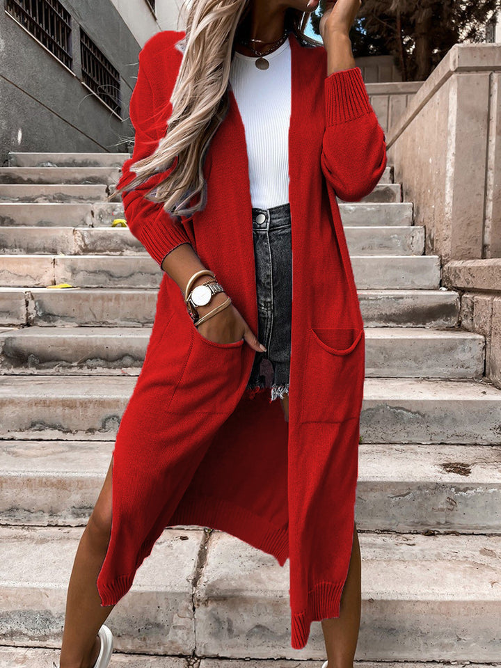 Ladies Long Knit Cardigan with practical pockets and open front Lune London