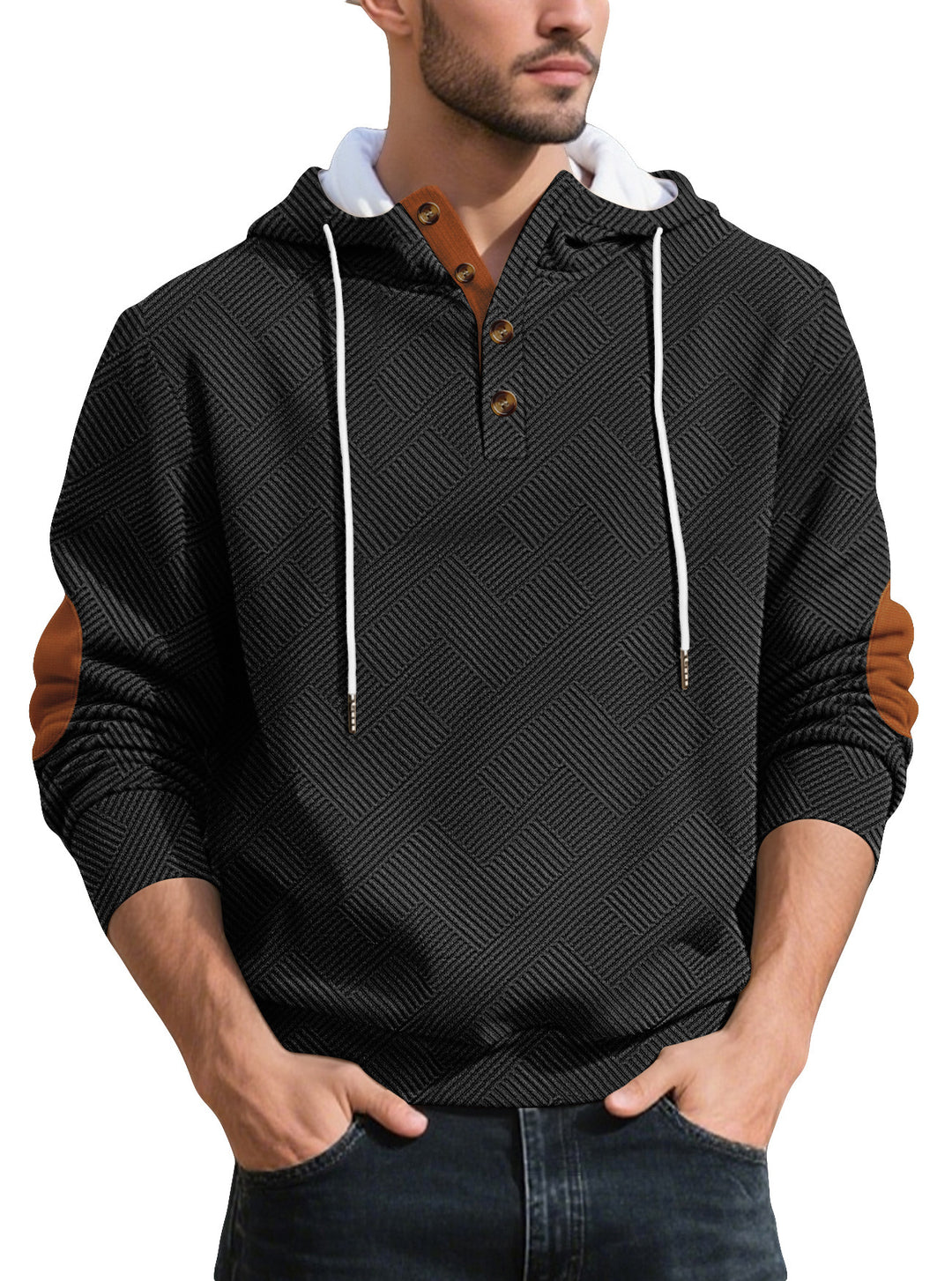 Trendy hooded sweater for men in textured material with chic and stylish accents