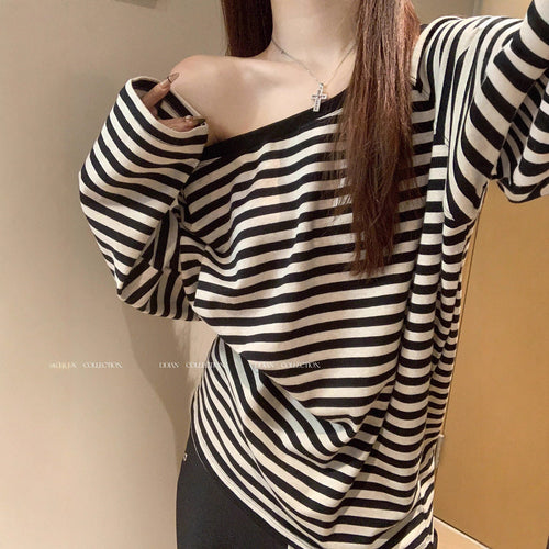 Women's casual oversized off-shoulder long sleeve shirt with striped pattern Chic & Stil