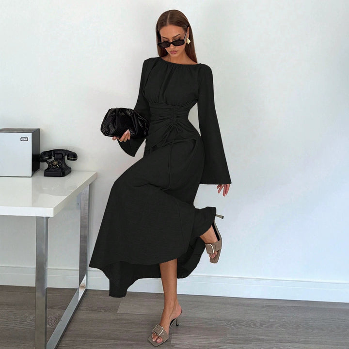 Ladies Max Dress with gathered waist lacing and bell sleeves Amarae