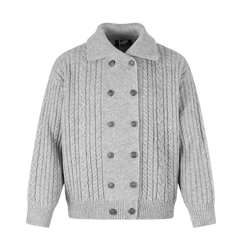 Women's Double-Breasted Cable Knit Cardigan with Shirt Collar and Ribbed Cuffs Amarae