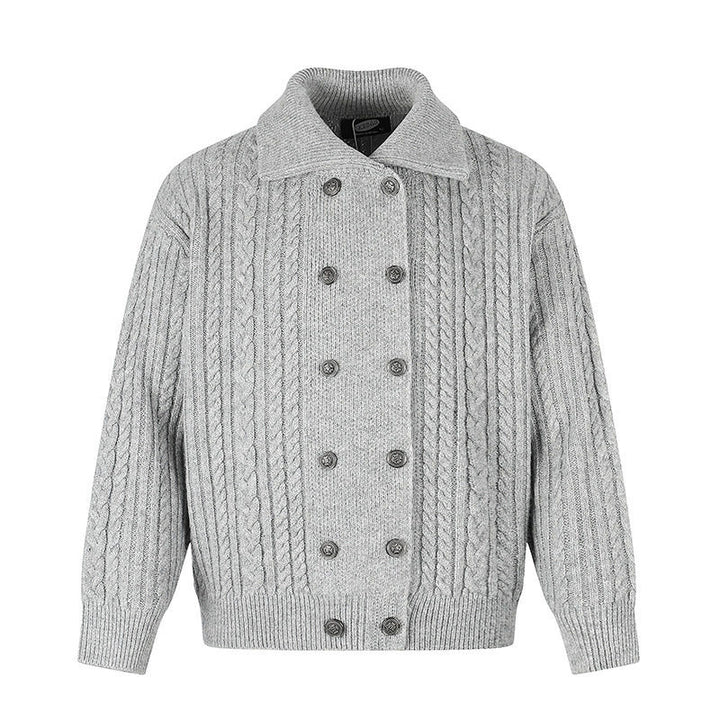 Women's Double-Breasted Cable Knit Cardigan with Shirt Collar and Ribbed Cuffs Amarae