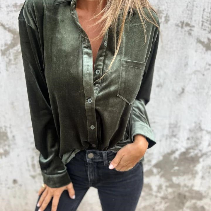 Elegant satin blouse for women with classic collar and chest pocket Lune London