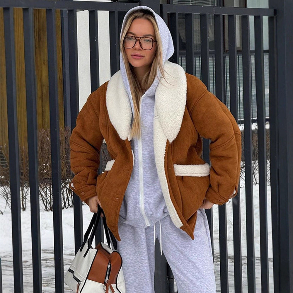 Women Oversized Sheepskin Imitation Jacket with Large Shawl Collar Amarae