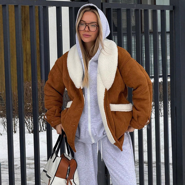 Women Oversized Sheepskin Imitation Jacket with Large Shawl Collar Amarae