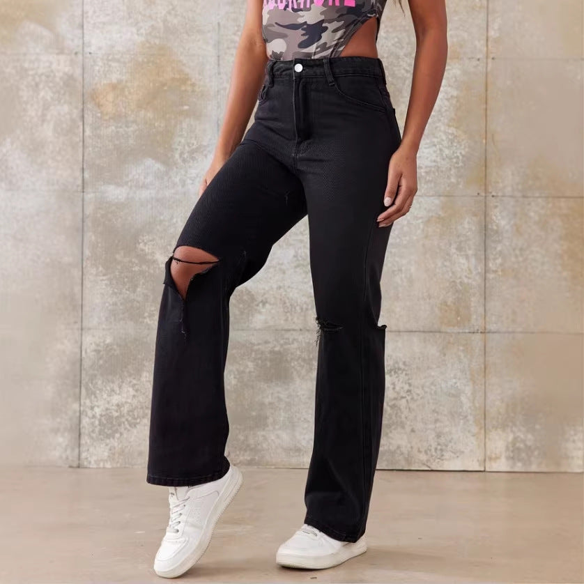 Ladies High-Waist Straight Jeans with wide leg, knee rip and textured denim look Amarae