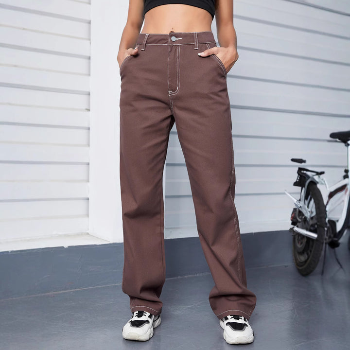 Women Relaxed-Fit Chino Pants with High Waist and Visible Contrast Seams Amarae