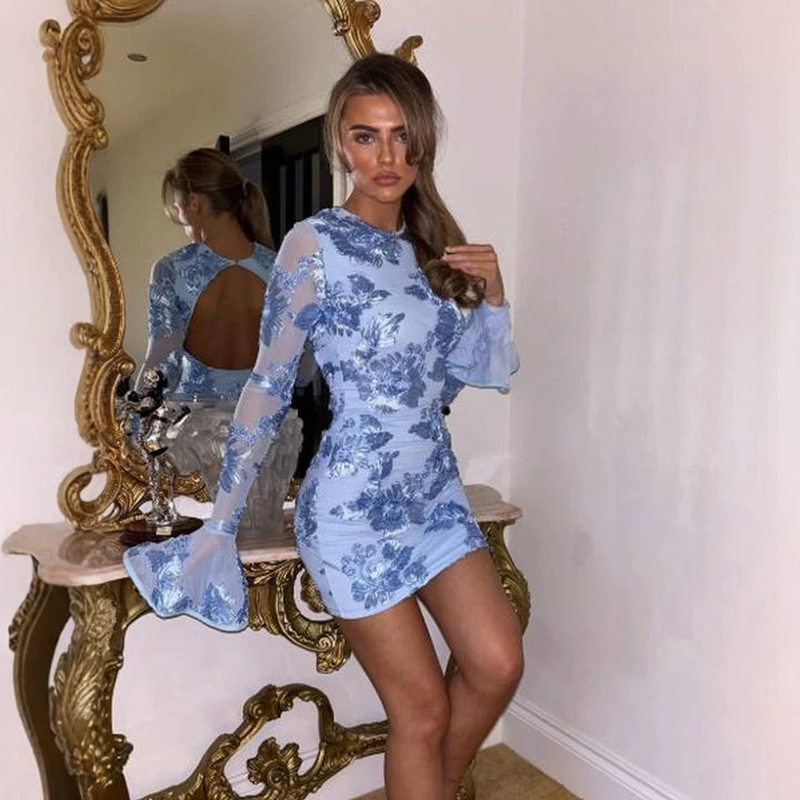 Women's Tight Mini Dress with Floral Lace Applique, Transparent Sleeves and Ruffle Cuffs Amarae