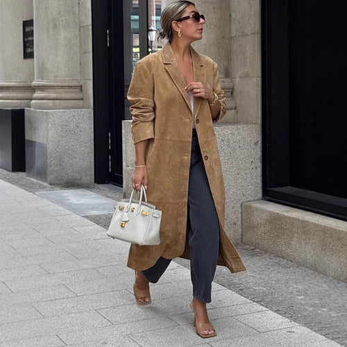 Women's Long Coat in Suede Look with Narrow Lapels and Clean Cut Amarae