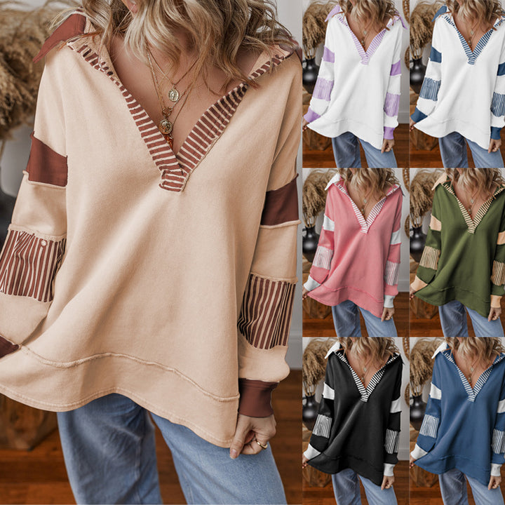 Women’s oversized sweatshirt with deep V-neck, striped inner collar and contrast sleeves Amarae