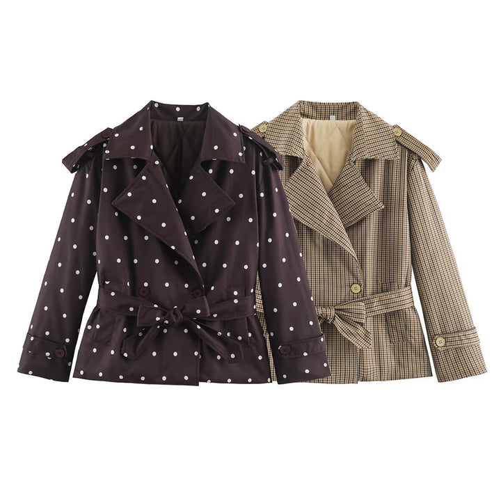 Women's short trench coat in checkered pattern with waist belt, shoulder straps and quilted inner lining Amarae
