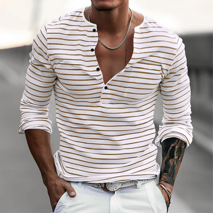 Striped long-sleeved shirt for men with button placket and V-neck Lune London