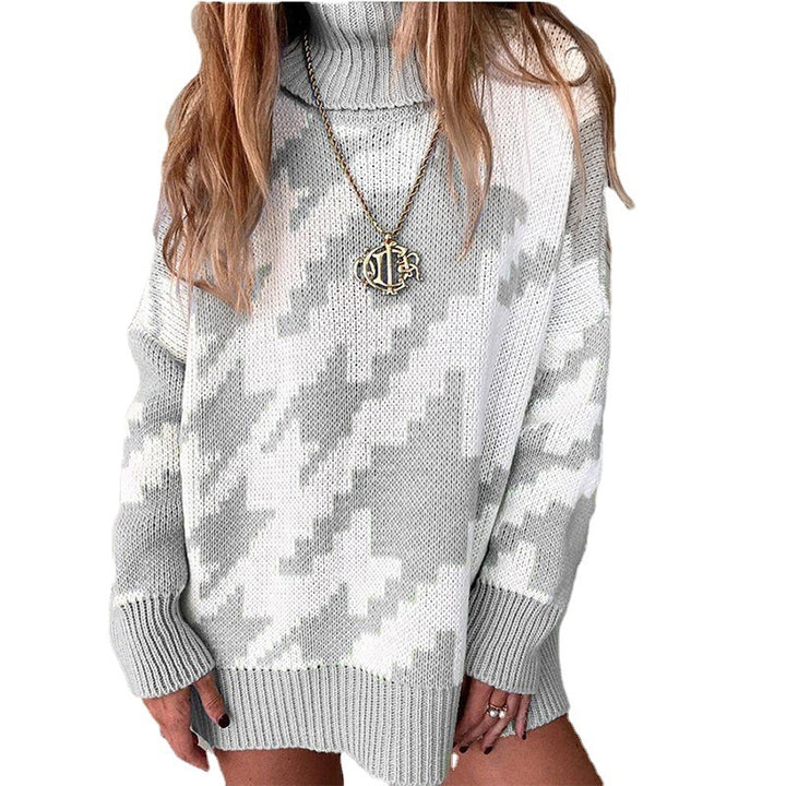 Knit sweater for women with high collar and modern zigzag pattern Lune London