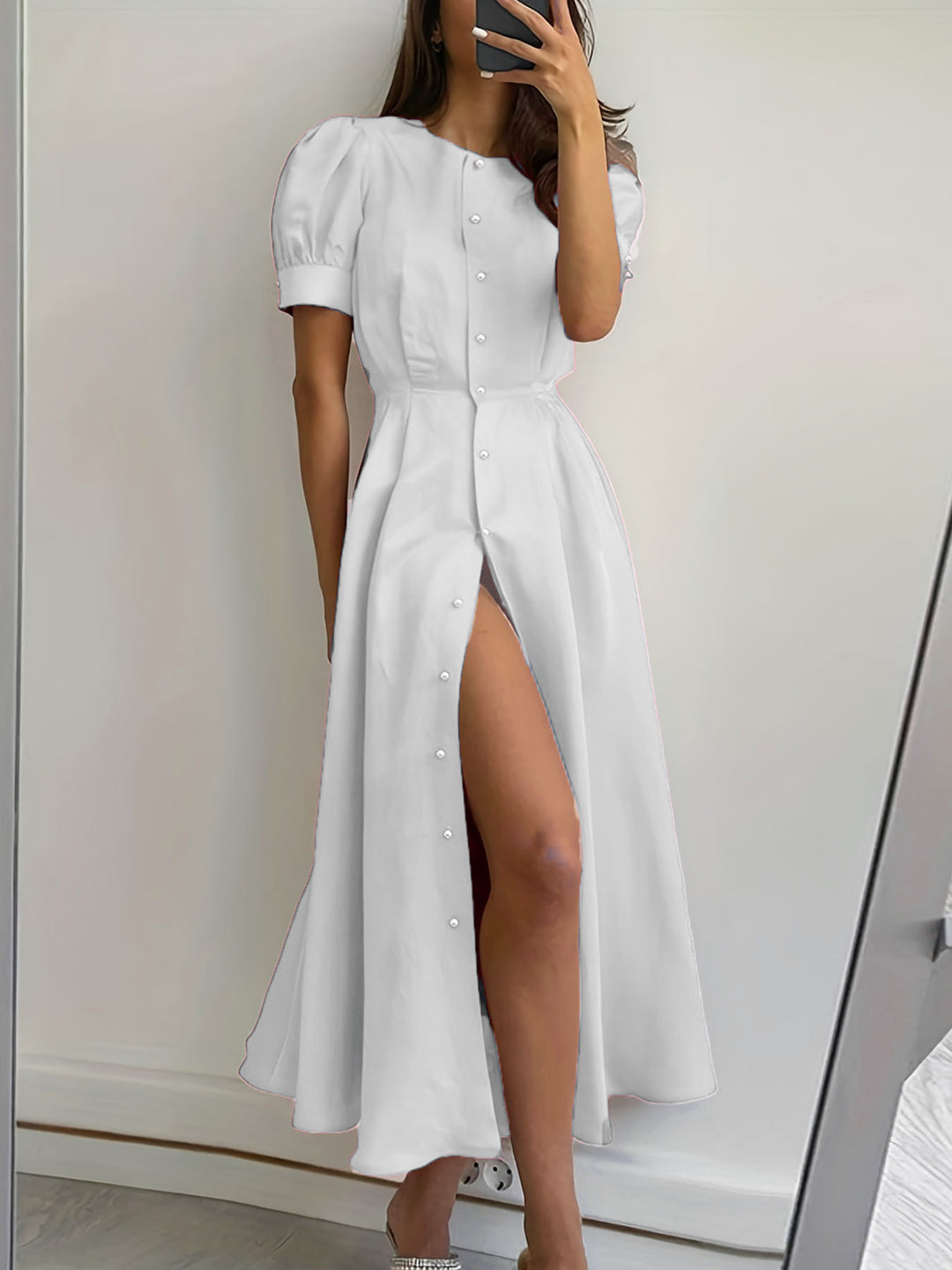 Maxi dress for women with button placket and side slit Lune London