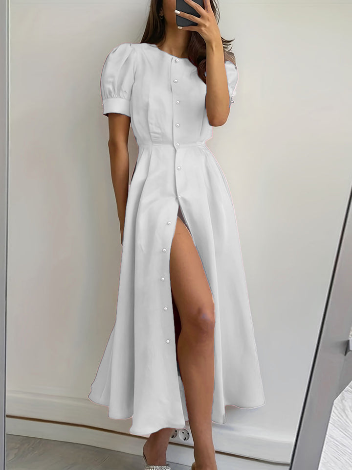 Maxi dress for women with button placket and side slit Lune London