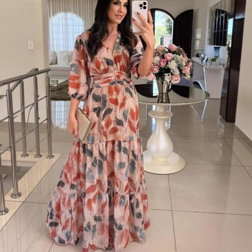 Maxi dress for women with colorful leaf pattern and fitted belt Amarae