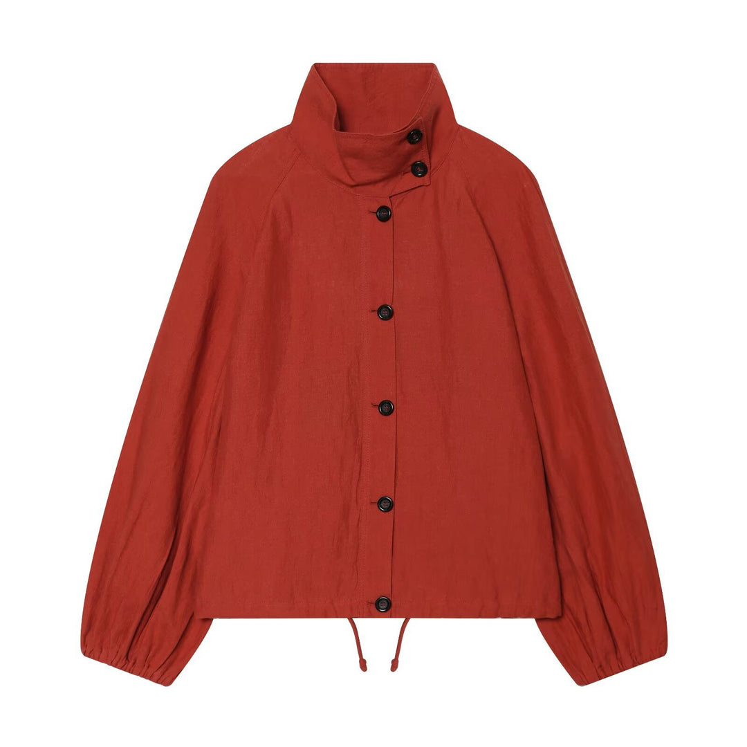 Ladies short jacket with high stand-up collar, continuous button placket and drawstring Amarae