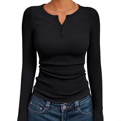 Fitted long sleeve shirt for women with button placket and rib structure Amarae