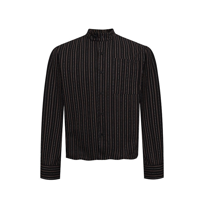 Men's Lightweight Long Sleeve Shirt with Stand-Up Collar, Fine Striped Pattern and Breast Pocket Amarae