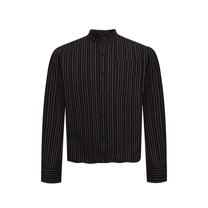 Men's Lightweight Long Sleeve Shirt with Stand-Up Collar, Fine Striped Pattern and Breast Pocket Amarae