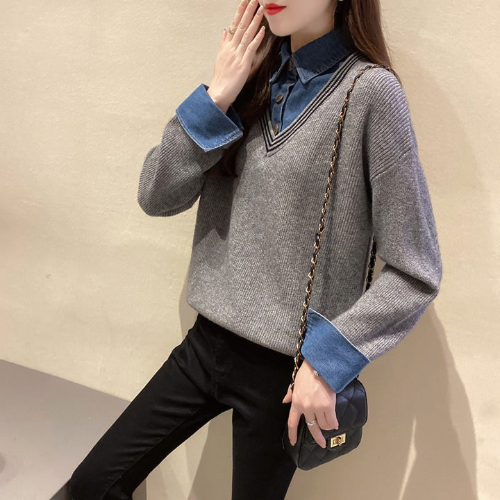 Women's V-neck sweater with denim details Lune London