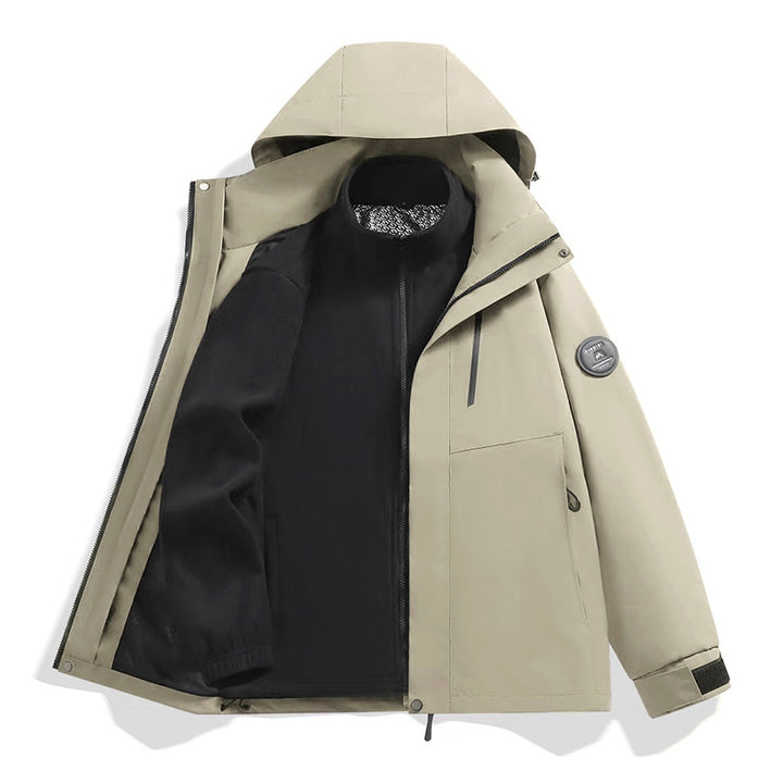 Men's softshell performance jacket with removable hood, concealed full-length zipper, and ergonomic cut Amarae