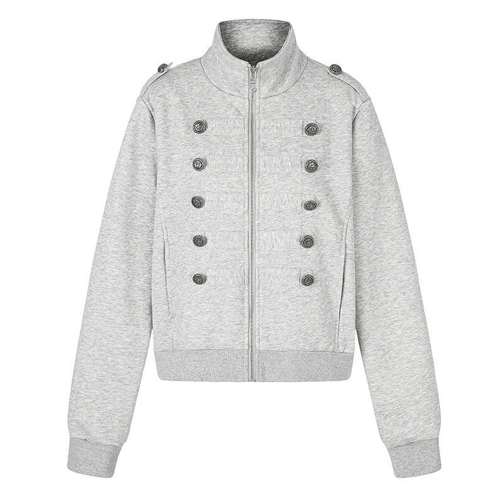 Women's short sweatshirt jacket with stand-up collar, double button detail and zipper Amarae