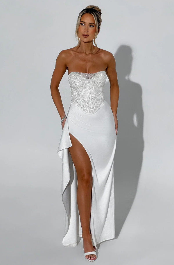Ladies Elegant Evening Dress with Shimmering Top and High Slit Lune London