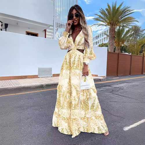 Maxi dress for women with an elegant V-neckline and a playful ruffled hem Amarae