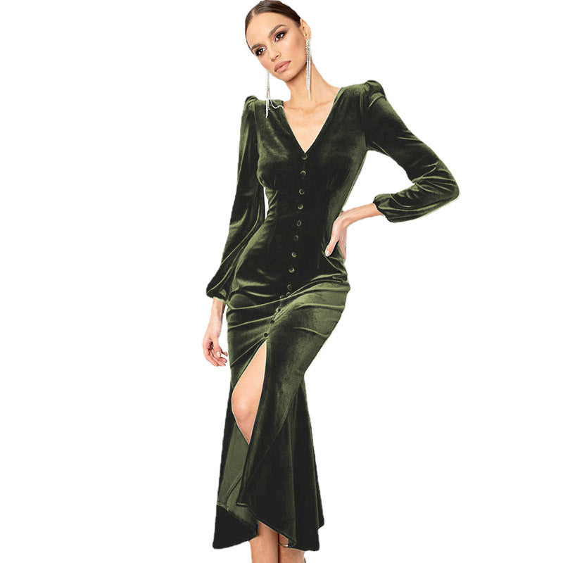 Maxi velvet dress for women with central button closure and side slit Lune London