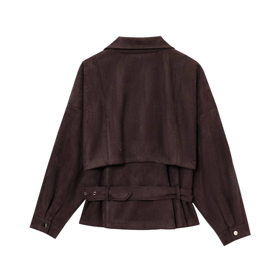 Ladies Elegant Suede Jacket with Trendy Buckles and Chic Practical Pockets