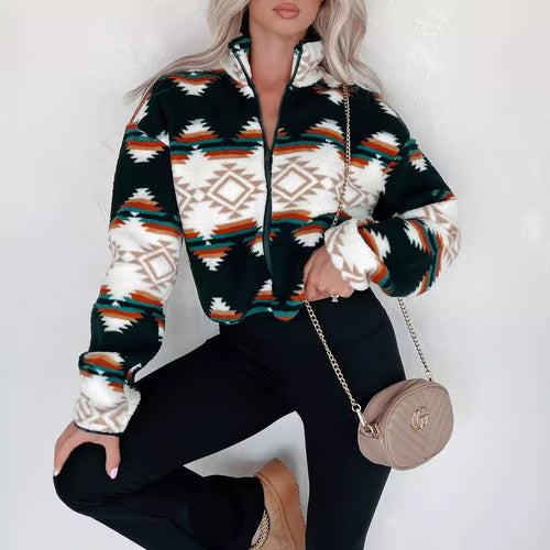 Women short sleeve fleece jacket with trendy ethnic design Amarae