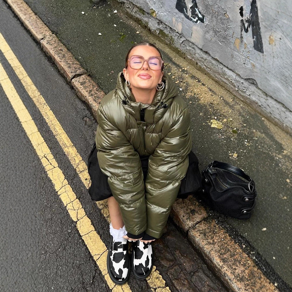 Women's Short Shiny Padded Jacket with Hood and Boxy Silhouette Amarae