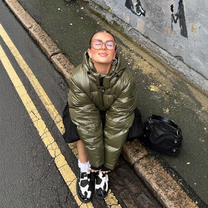 Women's Short Shiny Padded Jacket with Hood and Boxy Silhouette Amarae