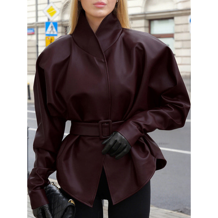 Women's leather look jacket with fitted belt and high stand-up collar Amarae