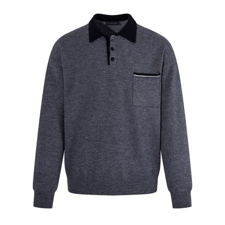 Men's polo shirt-knit sweater with button placket, chest pocket, and contrast collar Amarae