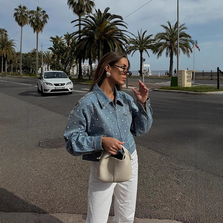 Women Cropped Denim Jacket with Pearl Detail and Oversized Sleeves Amarae
