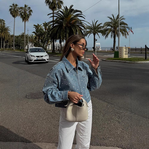 Women Cropped Denim Jacket with Pearl Detail and Oversized Sleeves Amarae
