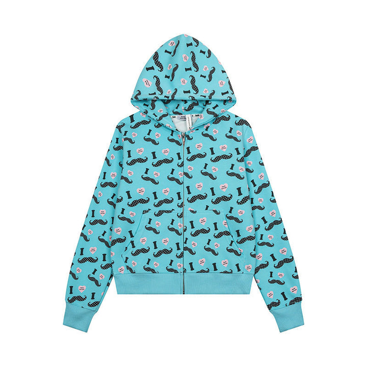 Women's Short Hooded Sweat Jacket with Graphic Print, Ribbed Cuffs, and Kangaroo Pockets Amarae